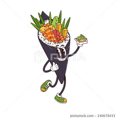 Cartoon groovy Japanese rice sushi and cute hand roll or temaki character with smiling face, salmon, egg, avocado, roe, seaweed and sneakers holding a small dish of wasabi. fun Japan food personage Cartoon groovy Japanese rice sushi and cute hand roll or temaki character with smiling face, salmon, egg, avocado, roe, seaweed and sneakers holding a small dish of wasabi. fun Japan food personage 140678433