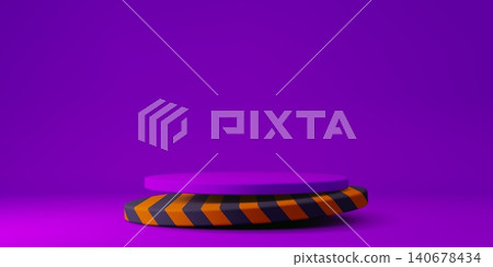 Halloween podium stage stand with a bold purple background and round platform. 3d vector base features black and orange chevron stripes, for seasonal spooky product display and , festive promotions 140678434