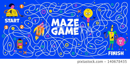 Kids labyrinth maze game with funny robot droid cartoon characters guiding kids from start to finish through winding paths and gears, screws and bolts. Fun puzzle for play activity and problem solving 140678435