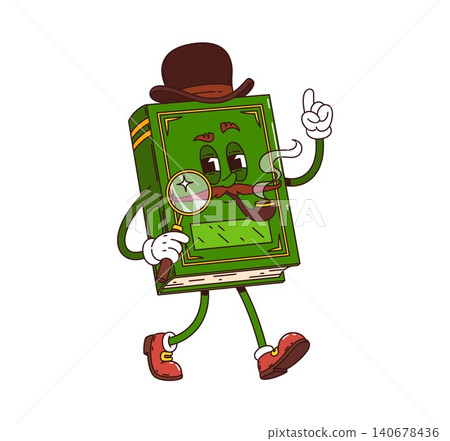 Cartoon groovy book character with friendly green cover, cheerful face, brown mustache, detective hat, magnifying glass and smoking pipe. Book mascot for library branding and school mascots 140678436