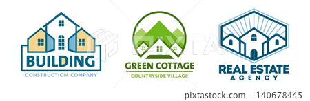 Real estate agency, residence apartment, house construction icons. Corporate emblems for building construction company, property developers, builders, contractors with green cottage countryside houses Real estate agency, residence apartment, house construction icons. Corporate emblems for building construction company, property developers, builders, contractors with green cottage countryside houses 140678445