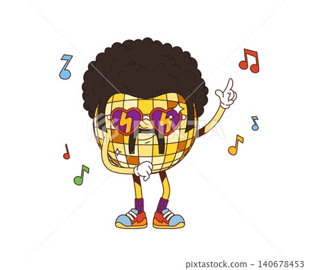 Dancing disco ball cartoon groovy adorable character. Cheerful groovy mascot, happy isolated vector character. Disco ball funny personage with afro haircut and mustaches, music melody notes Dancing disco ball cartoon groovy adorable character. Cheerful groovy mascot, happy isolated vector character. Disco ball funny personage with afro haircut and mustaches, music melody notes 140678453