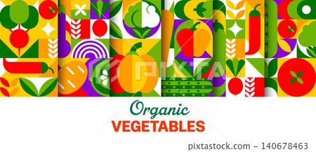 Organic vegetables seamless patterns with mosaic geometric ornament elements. Tile background with pumpkin, pepper, tomato, cucumber and radish, farm wheat and fresh farm food for healthy vegan eating Organic vegetables seamless patterns with mosaic geometric ornament elements. Tile background with pumpkin, pepper, tomato, cucumber and radish, farm wheat and fresh farm food for healthy vegan eating 140678463