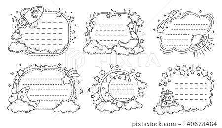 Kids memo notes frames with spaceships, stars and galaxy planets. Vector line space memo notes and paper stickers templates. Cute kids moon and stars, rocket and UFO outline notebook frames 140678484