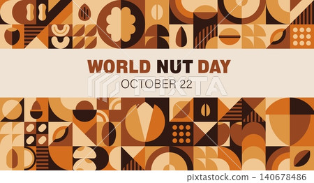 World Nut Day banner, modern geometric pattern with abstract shapes and warm brown tones, celebrating nuts harvest on October 22 with walnut, almond and cashew seed motifs arranged in mosaic grid World Nut Day banner, modern geometric pattern with abstract shapes and warm brown tones, celebrating nuts harvest on October 22 with walnut, almond and cashew seed motifs arranged in mosaic grid 140678486