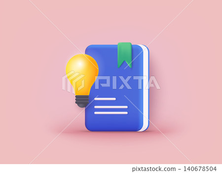 Book with idea bulb above. Getting smart and intelligent from reading books concept. 3D Web Vector Illustrations. Book with idea bulb above. Getting smart and intelligent from reading books concept. 3D Web Vector Illustrations. 140678504