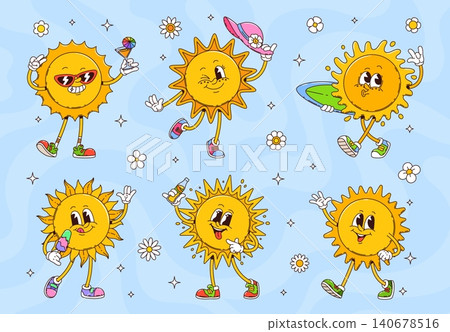Funny groovy sun characters vector set. Cartoon vector hippie sun, joyful comic personages dancing and posing with summer accessories. Retro smiling solar faces with funky vintage 60s and 70s vibe 140678516