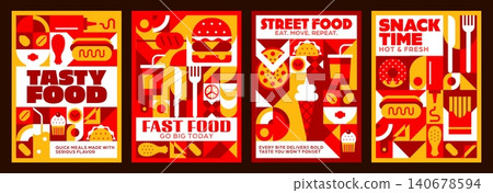 Fast food takeaway posters with geometric mosaic pattern. Vibrant vertical blocks with burger, hot dog, pizza, French fries and ice cream in grid layout. Flat posters of street food festival promotion Fast food takeaway posters with geometric mosaic pattern. Vibrant vertical blocks with burger, hot dog, pizza, French fries and ice cream in grid layout. Flat posters of street food festival promotion 140678594