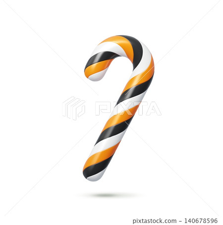 3d Halloween candy cane with twisted spiral shape and glossy surface. Vector Halloween holiday sweet sugar dessert in orange, black and white. Isolated realistic festive trick or treat festive snack 140678596
