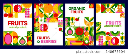 Tropical fruits and berries mosaic posters with geometric pattern. Natural product and food tiles with bold color blocks and abstract shapes. Retro modern fresh organic produce, summer healthy eating Tropical fruits and berries mosaic posters with geometric pattern. Natural product and food tiles with bold color blocks and abstract shapes. Retro modern fresh organic produce, summer healthy eating 140678604