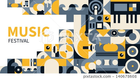 Music festival banner with geometric sound mosaic pattern featuring guitar, piano, trumpet, vinyl record, speaker and microphone. Yellow, black and gray banner for concert posters and music events Music festival banner with geometric sound mosaic pattern featuring guitar, piano, trumpet, vinyl record, speaker and microphone. Yellow, black and gray banner for concert posters and music events 140678608