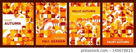 Hello autumn fall posters with seasonal geometric pattern of maple leaves and oak acorns. Autumn season and fall quotes with geometric mosaic pattern backgrounds with pumpkin and wheat or mushrooms Hello autumn fall posters with seasonal geometric pattern of maple leaves and oak acorns. Autumn season and fall quotes with geometric mosaic pattern backgrounds with pumpkin and wheat or mushrooms 140678613