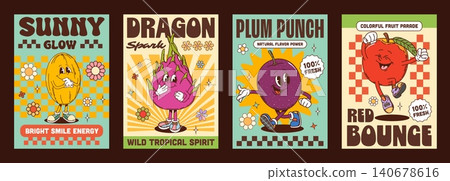Y2K groovy tropical fruits posters with funky characters of apple and plum, cartoon vector. Y2K retro posters with groovy pitaya dragon fruit and hippie melon with funny face and good vibe quotes Y2K groovy tropical fruits posters with funky characters of apple and plum, cartoon vector. Y2K retro posters with groovy pitaya dragon fruit and hippie melon with funny face and good vibe quotes 140678616
