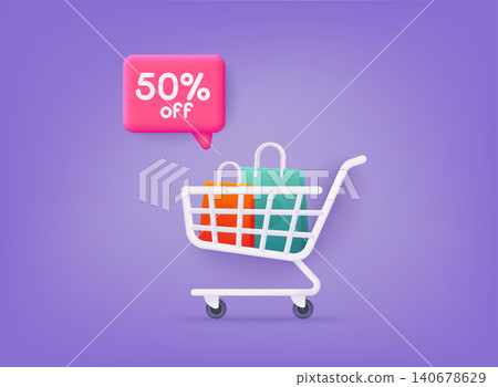 Shopping cart with sale discount sign. 3D Web Vector Illustrations. Shopping cart with sale discount sign. 3D Web Vector Illustrations. 140678629