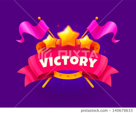 Victory award game icon or UI heraldic shield with golden stars and ribbon for winner badge. Victory game icon for GUI element with cartoon pink pennant flags and win score stars for game popup banner Victory award game icon or UI heraldic shield with golden stars and ribbon for winner badge. Victory game icon for GUI element with cartoon pink pennant flags and win score stars for game popup banner 140678633