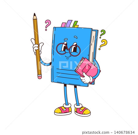 Groovy school book cartoon character with education textbook and funny face. Y2K groovy copybook or funny notebook character in teacher glasses with student study schoolbook, pencil and bookmarks Groovy school book cartoon character with education textbook and funny face. Y2K groovy copybook or funny notebook character in teacher glasses with student study schoolbook, pencil and bookmarks 140678634
