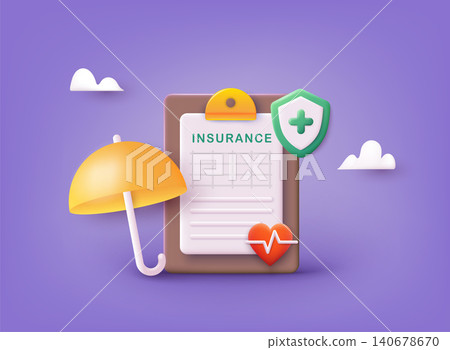 Health insurance concept. Big clipboard with document on it under the umbrella. Healthcare, finance and medical service. 3D Web Vector Illustrations. Health insurance concept. Big clipboard with document on it under the umbrella. Healthcare, finance and medical service. 3D Web Vector Illustrations. 140678670