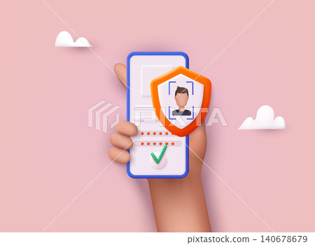 Mobile smart phone with face recognition app. Data protection. 3D Web Vector Illustrations. Mobile smart phone with face recognition app. Data protection. 3D Web Vector Illustrations. 140678679