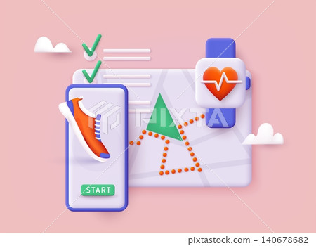 App with track displayed with route. Vector fitness route tracking concept illustration. 3D Vector Illustrations. App with track displayed with route. Vector fitness route tracking concept illustration. 3D Vector Illustrations. 140678682