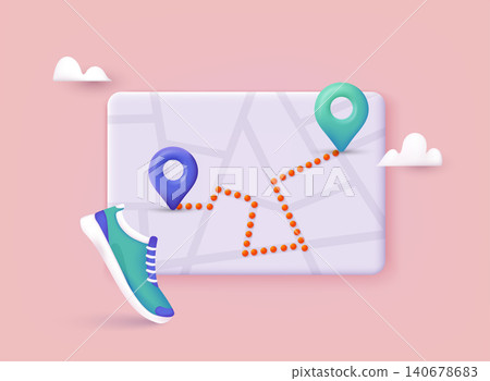 App with track displayed with route. Vector fitness route tracking concept illustration. 3D Vector Illustrations. App with track displayed with route. Vector fitness route tracking concept illustration. 3D Vector Illustrations. 140678683