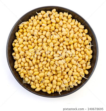 Top view of germinated yellow soybeans with tiny sprouts in a black bowl isolated on white background Top view of germinated yellow soybeans with tiny sprouts in a black bowl isolated on white background 140678695