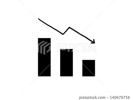 一組插圖(黑色),包括一個向下傾斜的條形圖和一個手繪的彎曲箭頭。 一組插圖(黑色),包括一個向下傾斜的條形圖和一個手繪的彎曲箭頭。 140678756
