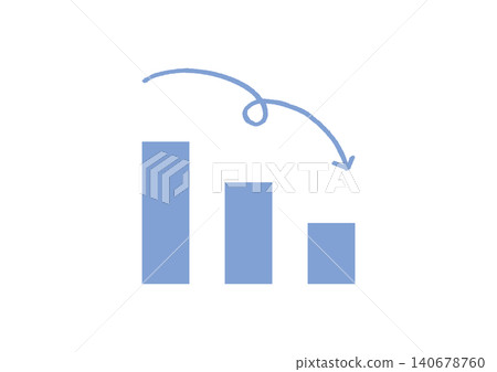 A set of illustrations (blue) featuring a downward-sloping bar graph and a hand-drawn, curving arrow. A set of illustrations (blue) featuring a downward-sloping bar graph and a hand-drawn, curving arrow. 140678760