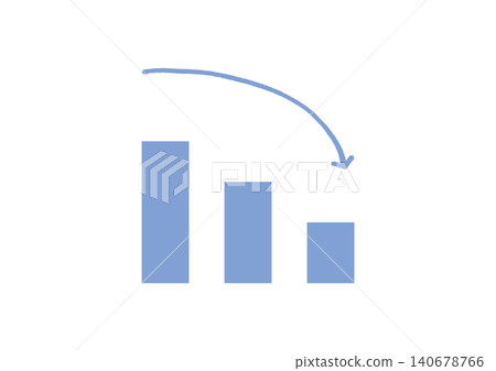 A set of illustrations (blue) featuring a downward-sloping bar graph and a hand-drawn curved arrow. 140678766