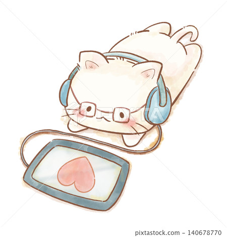 A cute white cat illustration in watercolor style wearing headphones and glasses while looking at a tablet. Perfect for staying at home. A cute white cat illustration in watercolor style wearing headphones and glasses while looking at a tablet. Perfect for staying at home. 140678770
