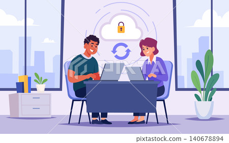 Cloud Backup. Vector background showing people working with cloud services security systems and data transfer tools exact illustration 140678894