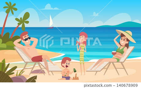 Summer vacation. Vector illustration shows a family relaxing on a tropical beach with sea loungers palm trees and happy children Summer vacation. Vector illustration shows a family relaxing on a tropical beach with sea loungers palm trees and happy children 140678909