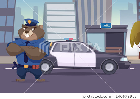 Police mascot. Vector illustration shows a cartoon beaver police officer standing beside a patrol car on a city street Police mascot. Vector illustration shows a cartoon beaver police officer standing beside a patrol car on a city street 140678913