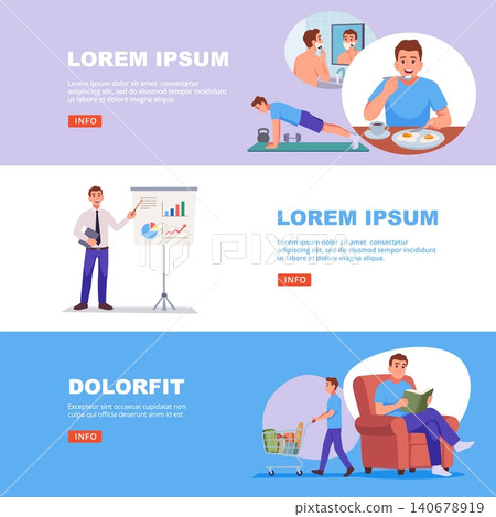 Healthy lifestyle. Vector banner shows a man eating exercising presenting charts shopping and reading in a balanced daily routine vector concept Healthy lifestyle. Vector banner shows a man eating exercising presenting charts shopping and reading in a balanced daily routine vector concept 140678919