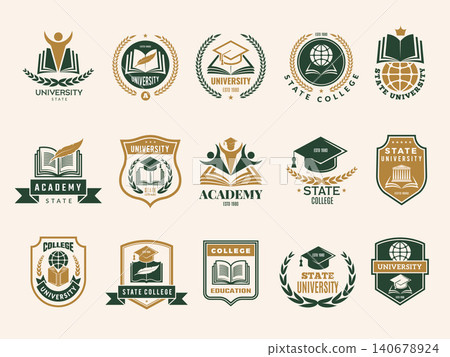 College badges. Vector illustration shows a collection of university academy and education emblems with shields wreaths and academic symbols College badges. Vector illustration shows a collection of university academy and education emblems with shields wreaths and academic symbols 140678924