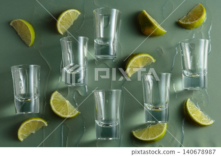 Tequila shots and lime slices on a green background. Tequila shots and lime slices on a green background. 140678987