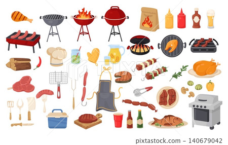 Barbecue party essentials. Grilled meat. Barbeque picnic. Outdoor cooking ingredients. Sausages and steaks. Vegetable pieces. Sauce ketchup. Fish preparation. BBQ isolated elements set Barbecue party essentials. Grilled meat. Barbeque picnic. Outdoor cooking ingredients. Sausages and steaks. Vegetable pieces. Sauce ketchup. Fish preparation. BBQ isolated elements set 140679042