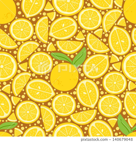 Juicy yellow lemons seamless pattern. Whole and sliced ripe fruits. Sour juicy citrus pieces for lemonade. Repeated kitchen fabric print. Citron plant leaves. Vector botanical background Juicy yellow lemons seamless pattern. Whole and sliced ripe fruits. Sour juicy citrus pieces for lemonade. Repeated kitchen fabric print. Citron plant leaves. Vector botanical background 140679048