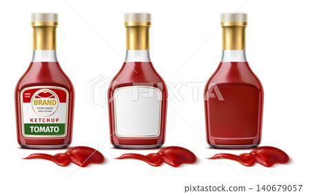 Realistic model ketchup bottle. Clear glass container for tomato sauce with blank label and design. Food dressing for canned vegetables. Squeezed salsa splashes. Vector package mockups set Realistic model ketchup bottle. Clear glass container for tomato sauce with blank label and design. Food dressing for canned vegetables. Squeezed salsa splashes. Vector package mockups set 140679057