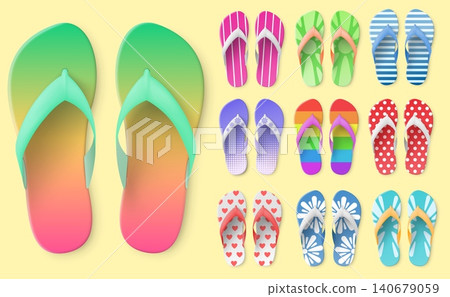Realistic model of colorful flip flops. 3D model of pool rubber shoes. Patterned pair sandals. Summer beach print. Bathing footgear top view. Bathroom footwear accessories vector set Realistic model of colorful flip flops. 3D model of pool rubber shoes. Patterned pair sandals. Summer beach print. Bathing footgear top view. Bathroom footwear accessories vector set 140679059