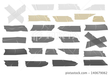 Realistic pieces of adhesive tape. Gray silver, white and paper bandages. Various lengths. Uneven edges and raised folds. Wrinkled cut stickers. Vector sticky isolated fix patches set Realistic pieces of adhesive tape. Gray silver, white and paper bandages. Various lengths. Uneven edges and raised folds. Wrinkled cut stickers. Vector sticky isolated fix patches set 140679062