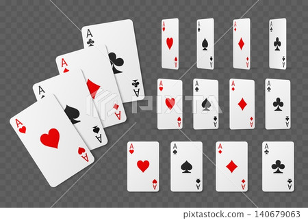 Realistic playing cards of all suits in various orientations. Casino games. Flush fan. Lucky poker combination. Bets jackpot. Gaming spade. Vector gambling set on transparent background Realistic playing cards of all suits in various orientations. Casino games. Flush fan. Lucky poker combination. Bets jackpot. Gaming spade. Vector gambling set on transparent background 140679063