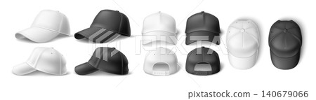 Realistic rendering black and white baseball cap. 3D model of sports hat with visor. Clothing item various angles. Casual headgear. Blank mockup for branding. Basic headwear vector set Realistic rendering black and white baseball cap. 3D model of sports hat with visor. Clothing item various angles. Casual headgear. Blank mockup for branding. Basic headwear vector set 140679066