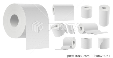 Realistic rolls of soft papers. 3D models of clean toilet wipes. Disposable towels. Disposable napkins with tear off sheets. Domestic absorbent tissues. Hygiene products vector set Realistic rolls of soft papers. 3D models of clean toilet wipes. Disposable towels. Disposable napkins with tear off sheets. Domestic absorbent tissues. Hygiene products vector set 140679067