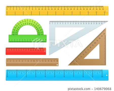 Realistic rulers. Various school supplies. Measuring length and angles. Units of measurement. Centimeter and millimeter scale. Straight lines. Protractor and square. Vector stationeries set Realistic rulers. Various school supplies. Measuring length and angles. Units of measurement. Centimeter and millimeter scale. Straight lines. Protractor and square. Vector stationeries set 140679068
