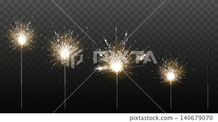 Realistic sparklers. Brightly burning fireworks. Metal stick with combustible compound. Flying sparks. Holiday flashes. 3D Bengal lights. Combustion stages. Glowing flares vector set Realistic sparklers. Brightly burning fireworks. Metal stick with combustible compound. Flying sparks. Holiday flashes. 3D Bengal lights. Combustion stages. Glowing flares vector set 140679070
