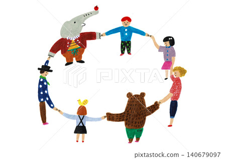 一群動物和小孩手牽手圍成一個圈。 一群動物和小孩手牽手圍成一個圈。 140679097