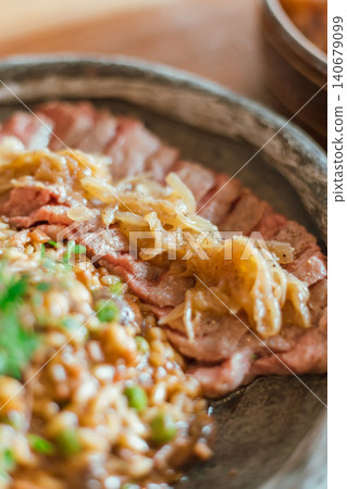 mushroom risotto with australian striploin beef steak mushroom risotto with australian striploin beef steak 140679099