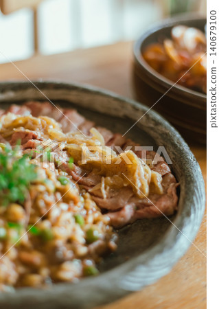 mushroom risotto with australian striploin beef steak 140679100