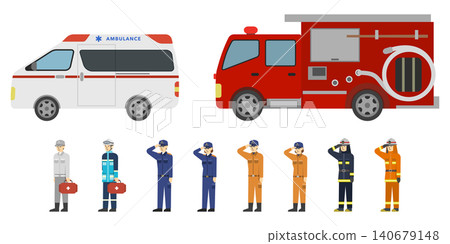 扁平化插畫:救護車、消防車和醫護人員、消防人員套裝 扁平化插畫:救護車、消防車和醫護人員、消防人員套裝 140679148