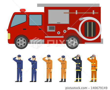 扁平化插圖:消防車和消防車套裝 扁平化插圖:消防車和消防車套裝 140679149